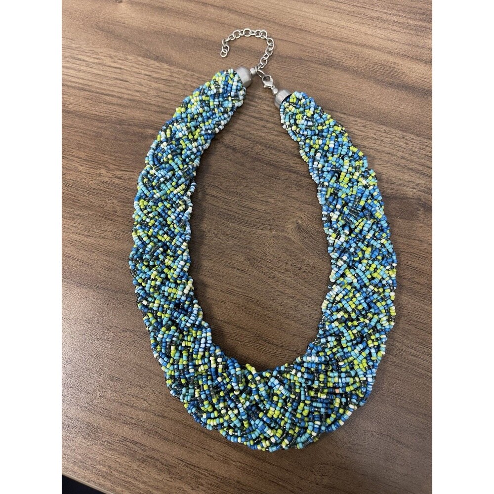Vintage Blue Seed Bead Multi Strand Twist Weave Braid Choker Necklace Bib